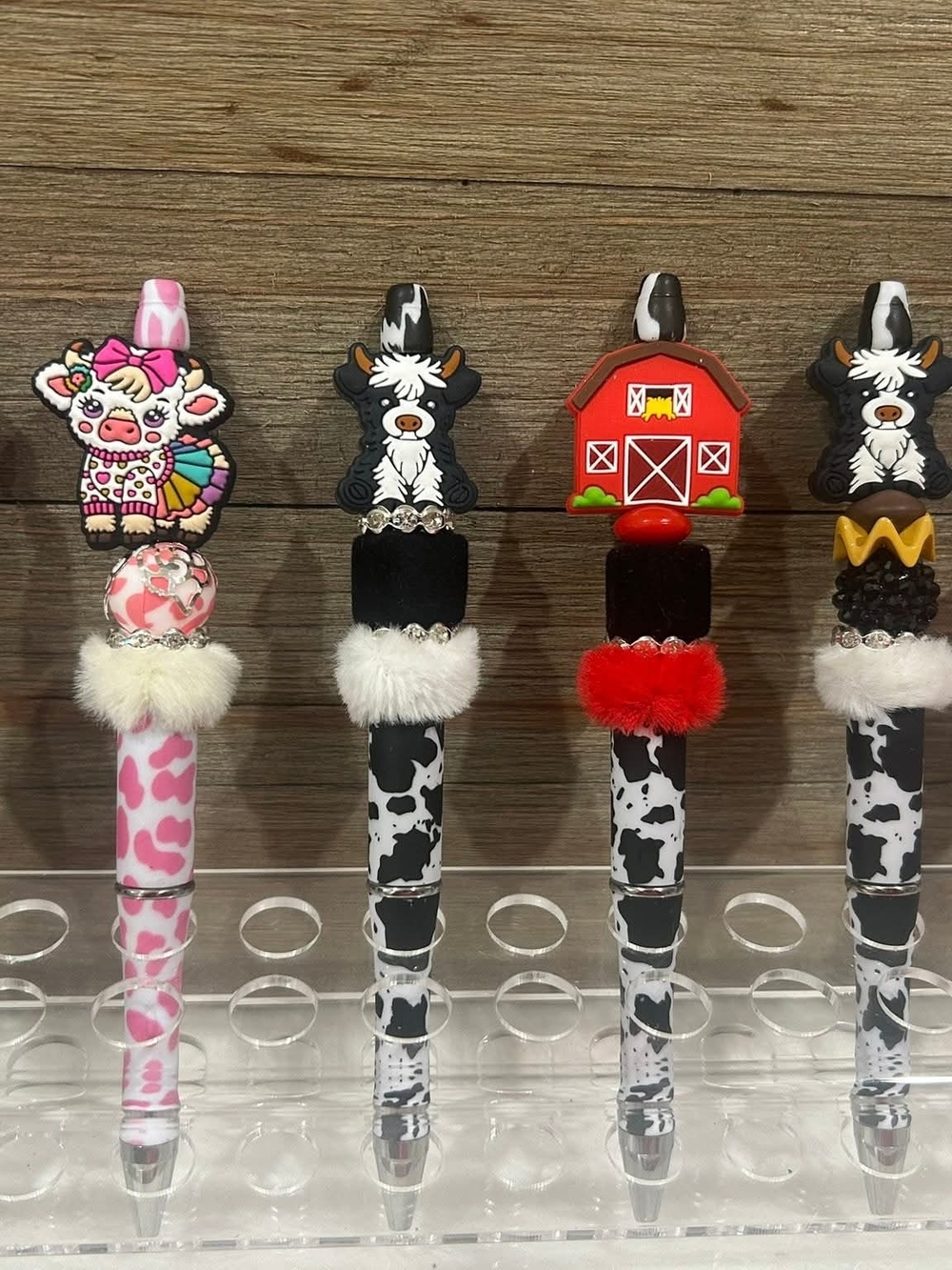 Farm-Themed Decorative Pen - Cow Print with Red Barn Topper